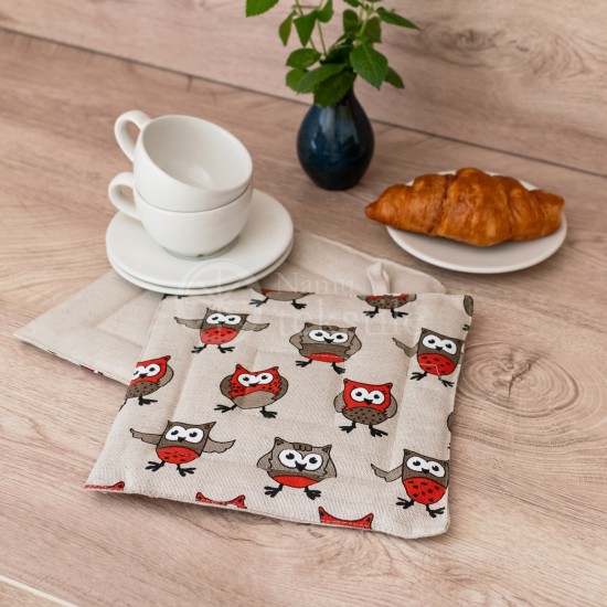 Printed half linen tray for hot pot "Owls orange"